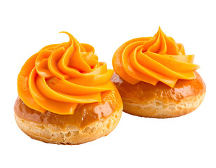 Pair of small round pastries topped with vibrant orange cream