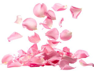 Pink rose petals falling and piled on a black background