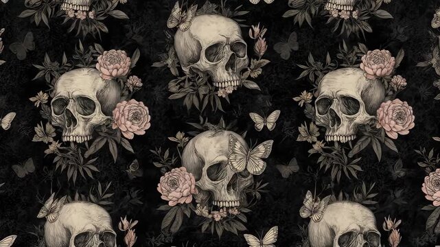 Skulls, Roses, and Butterflies: Dark Floral Pattern Animation