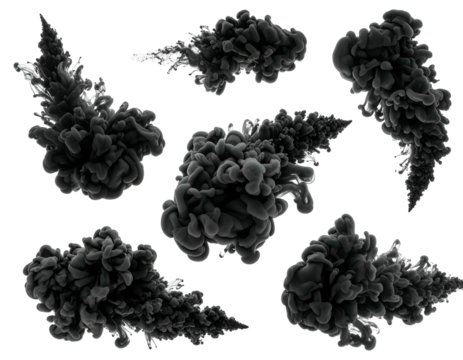 Multiple dark ink plumes spreading in water, creating abstract shapes