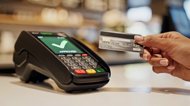 Sequence showing contactless card payment at checkout.