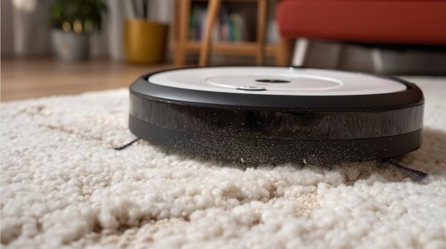 Closeup of a robotic carpet cleaner with sensors actively identifying dirt spots on a textured rug demonstrating smart autonomous cleaning technology.