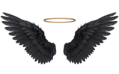 Obraz premium Mysterious dark angel wings with a golden halo hover, evoking fantasy, mystery, and divine power.