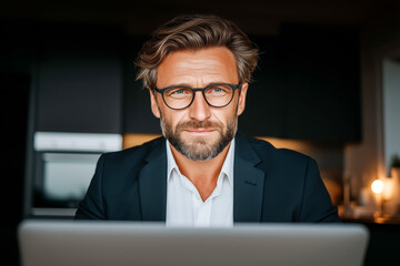 Confident middle aged man wearing glasses working remotely on laptop in cozy modern home office