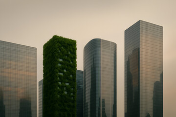 Modern financial district skyline featuring striking green vertical forest tower among glass skyscrapers, symbolizing sustainable urban architecture and eco friendly corporate development
