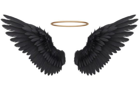 Mysterious dark angel wings with a golden halo hover, evoking fantasy, mystery, and divine power.