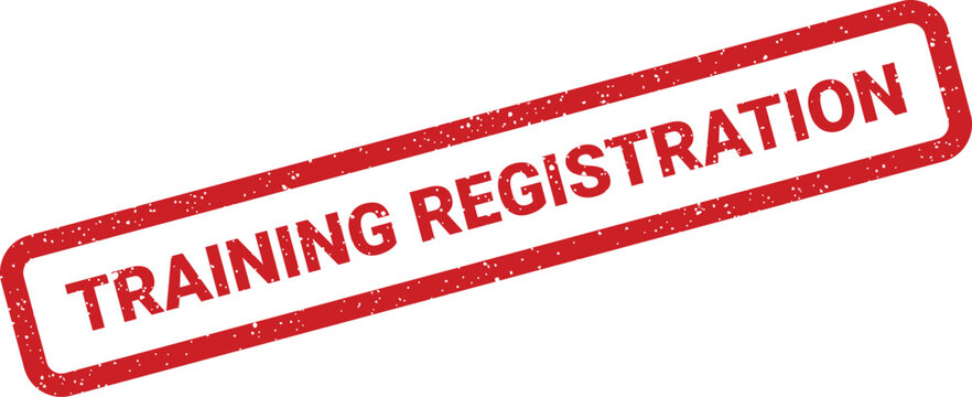 Textured red rubber stamp displaying TRAINING REGISTRATION message, signifying enrollment for educational programs