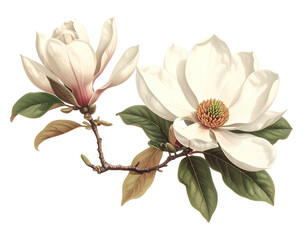 Two elegant white blooms on a branch with green and brown leaves