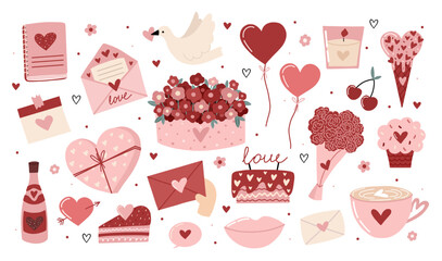 Valentine themed set of cute hand drawn romantic elements with lovely decorative icons for cards posters and creative projects