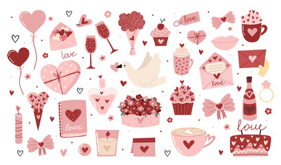 Valentine love collection of charming hand drawn romantic elements with sweet decorative icons for prints cards and creative gifts