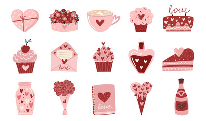 Hand drawn Valentine’s Day sweets and romantic elements set featuring cupcakes, cakes, bouquet, envelope, coffee cup, bottle and cute love icons. Perfect for stickers, cards, posters, holiday designs