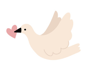 Hand drawn dove carrying a heart in a cute minimal style. Perfect for Valentine’s Day designs, stickers, cards and romantic illustrations.