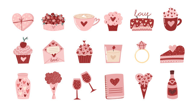 Valentine love set of cute hand drawn romantic icons featuring sweet decorative elements for cards posters and gifts