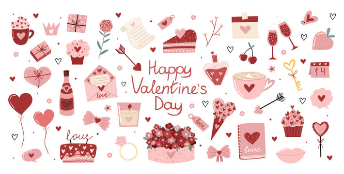 Valentine love collection of cute hand drawn romantic elements with sweet icons for cards posters and gifts