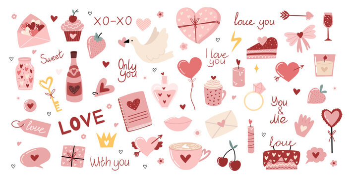 Hand drawn Valentine’s Day elements set featuring hearts, gifts, sweets, flowers, love letters, cupcakes, decorations and romantic icons in a cute minimal style. Perfect for cards, posters, stickers