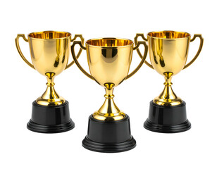 Three golden trophies on black bases, isolated on black background