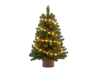 Realistic Small Artificial Christmas Tree with Warm Twinkling Fairy Lights and Wooden Base for Winter Holiday Decoration – Isolated Transparent PNG Background