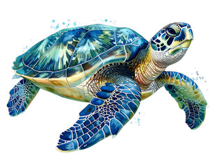 Vibrant blue and green sea turtle detailed illustration on black