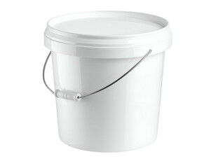 White plastic bucket with lid and metal handle on black background