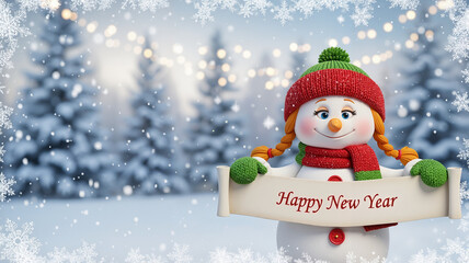 Cute 3D snowman character holding a "Happy New Year" banner in a snowy winter forest with bokeh lights for holiday celebration concept