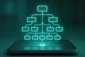 Glowing digital organizational chart emerging from a modern smartphone screen for business strategy concept and network connection