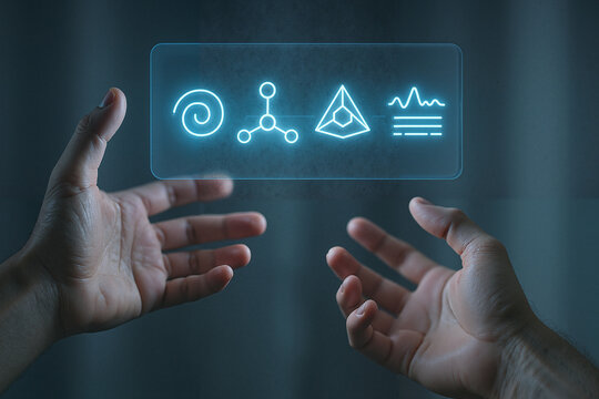 Human hands interacting with glowing holographic interface displaying abstract scientific data symbols for advanced technology concept and digital innovation
