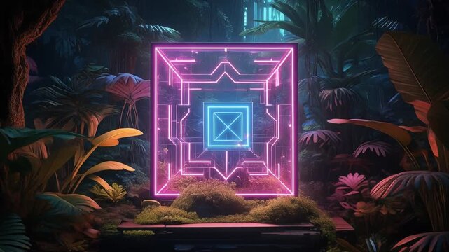 A neon geometric construct glows within a lush, dark jungle scene. Exotic plants frame the futuristic art