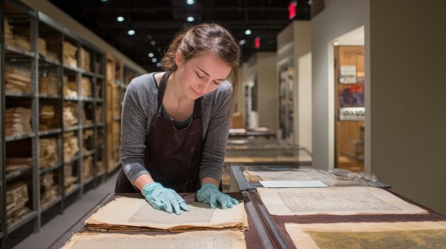 Archivist carefully handling fragile paper documents with gloves in a controlled environment showcasing physical archival preservation techniques.