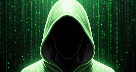 Hacker anonymity in a digital world of binary code data security threat concept