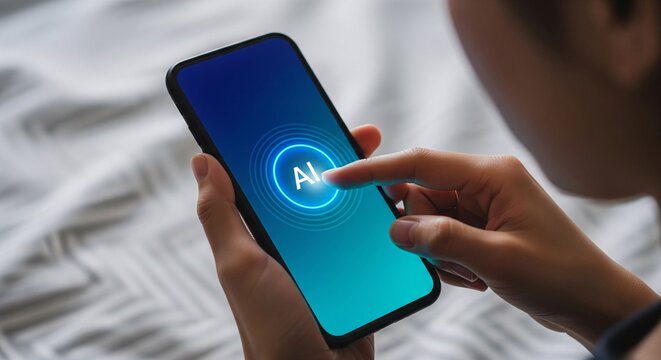 Person interacts with artificial intelligence on smartphone screen showing digital future technology innovation