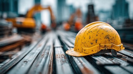 Construction site with safety helmet, tools and buildings on the background representing work