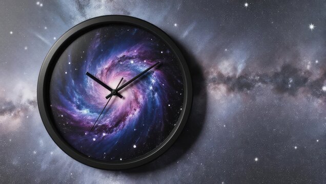 Cosmic Time - A Clock Displaying a Galaxy Against a Starry Backdrop.