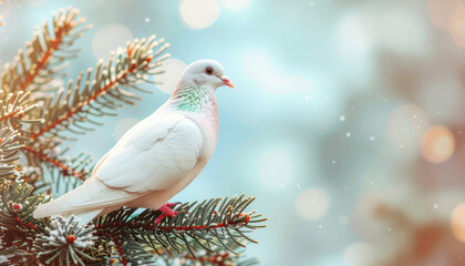 Obraz premium White dove perched on frosted evergreen branch with soft bokeh light and gentle winter atmosphere, peaceful and serene mood