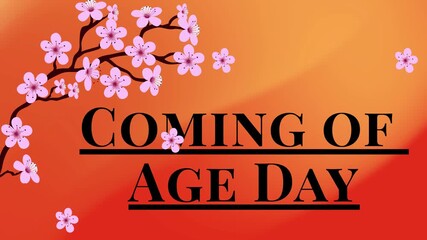 Coming of Age Day Text Animation with Sakura Cherry Blossom Branch on Warm Gradient Background – Japanese Holiday Celebration Motion Graphic
