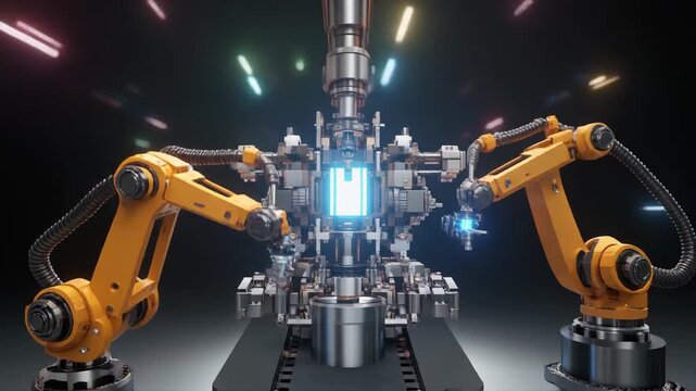 Two robotic arms working on an advanced machine, with glowing core, in a dark setting