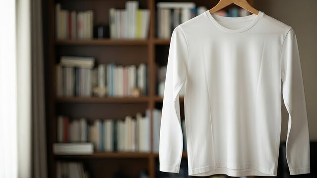 Plain white long sleeve t shirt hanging on a wooden hanger in front of a bookshelf - Powered by Adobe