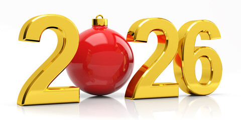 Golden 2026 numbers with red Christmas ornament for festive New Year celebration theme
