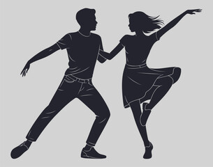 Stylish Dancing Couple Silhouette in Dynamic Motion on Gray Background