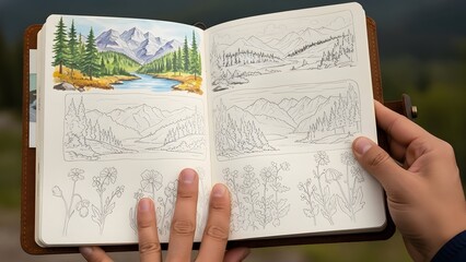 Obraz premium Hands holding a travel notebook open with nature sketches, blurred background.no animal