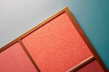 Fototapeta premium Makeup palette featuring shimmering coral and matte pink eyeshadows and blush for beauty looks