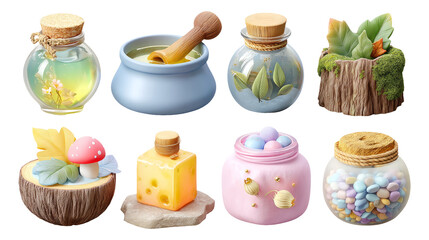 Enchanted Forest Alchemy Essentials in 3D Glossy Style with Soft Textures