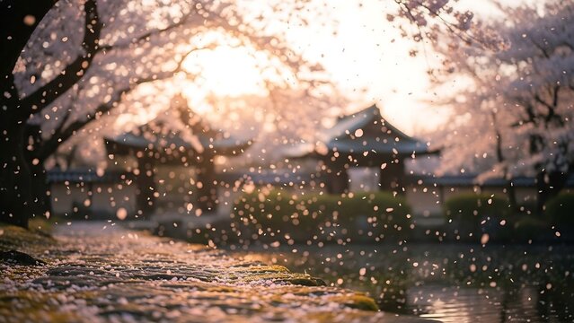 Serene Japanese Landscape with Cherry Blossoms and Traditional Architecture.