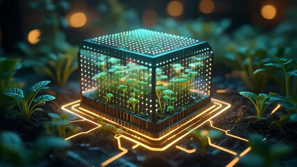 A futuristic garden cube glows amongst real plants, suggesting tech integration with nature - Powered by Adobe