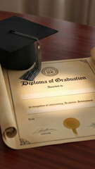 A graduation diploma rests proudly beside a ceremonial cap symbolizing achievement and academic accomplishment