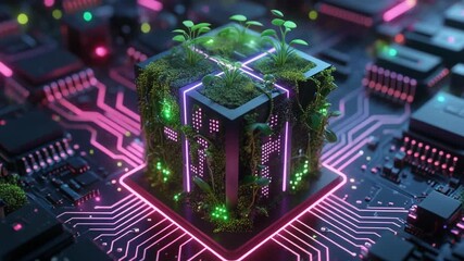 A digital cube merges with nature, sprouting plants within a motherboard circuit - Powered by Adobe