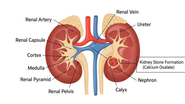 Understanding kidney anatomy with stone formation for medical education, a detailed diagram for health professionals and students studying urology and nephrology