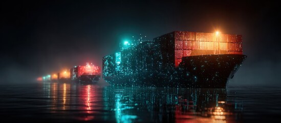 Night Scene of Cargo Ships Sailing on the Ocean Illuminated by Colorful Lights