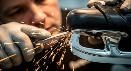 Skate Blade Sharpening: A focused craftsman meticulously sharpens an ice skate blade, igniting a spark of dedication and precision as the metal meets the grinding stone. 