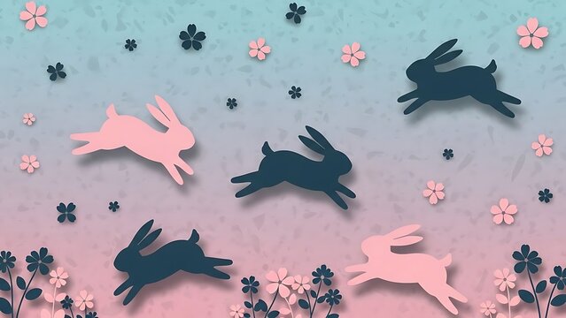 Whimsical Rabbit Scene: Playful silhouettes of rabbits dance amidst a serene, pastel-colored landscape dotted with charming floral accents, evoking a sense of spring and gentle motion.