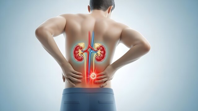 Man experiencing intense kidney pain with anatomical kidney illustration, highlighting potential health issues and medical concerns for your healthcare content